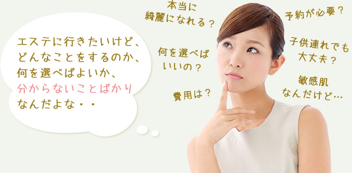 エステに行きたいけど、どんなことをするのか、何を選べばよいか、分からないことばかりなんだよな…